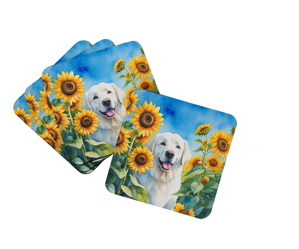 Kuvasz in Sunflowers Foam Coasters Set of 4 Cup Coasters for Indoor Outdoor, Tabletop Protection, Anti Slip, Mouse pad Material