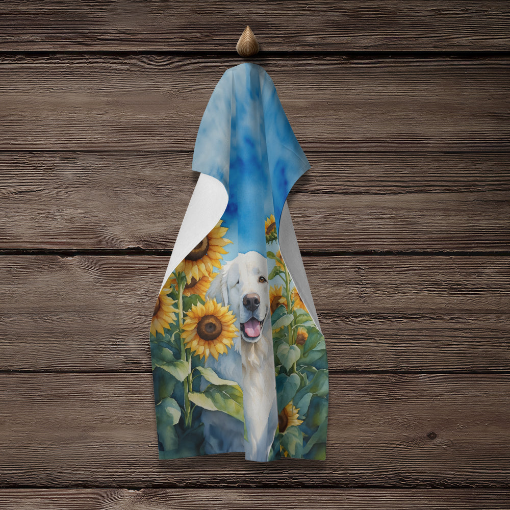 Kuvasz in Sunflowers Kitchen Towel Velour Plush Front and Cotton Loop Back Machine Washable