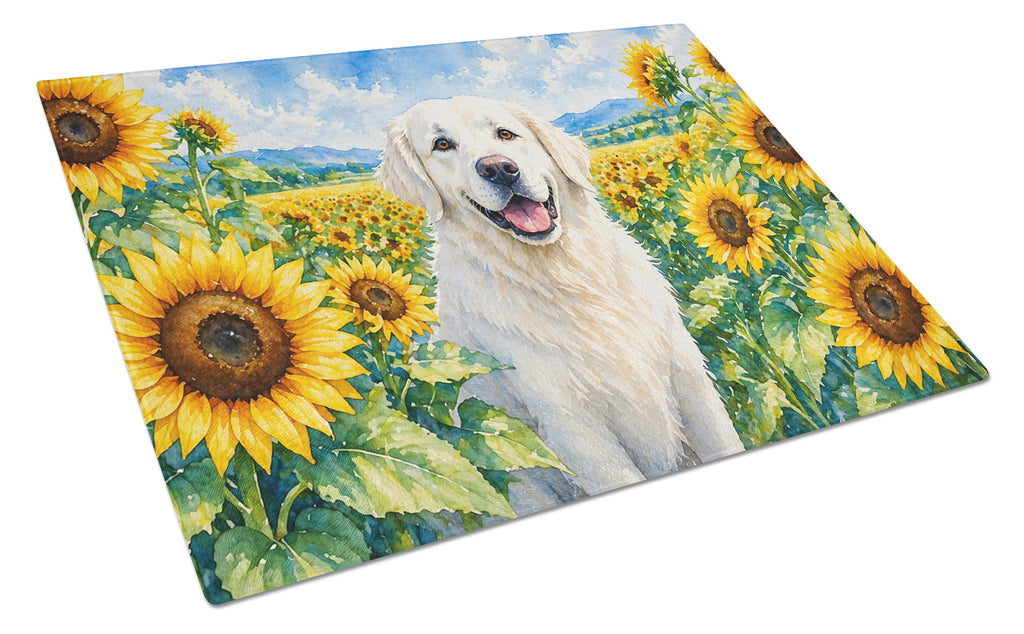 Kuvasz in Sunflowers Cutting Board Tempered Glass Kitchen Cutting Surface, Heat Resistant Chopping Board with Non-Slip Feet, Decorative Food Prep & Serving