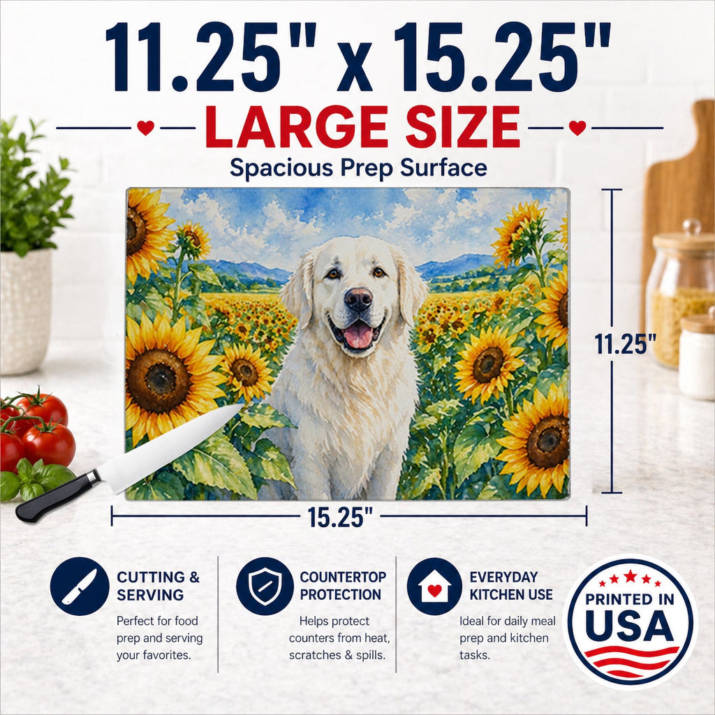 Kuvasz in Sunflowers Cutting Board Tempered Glass Kitchen Cutting Surface, Heat Resistant Chopping Board with Non-Slip Feet, Decorative Food Prep & Serving