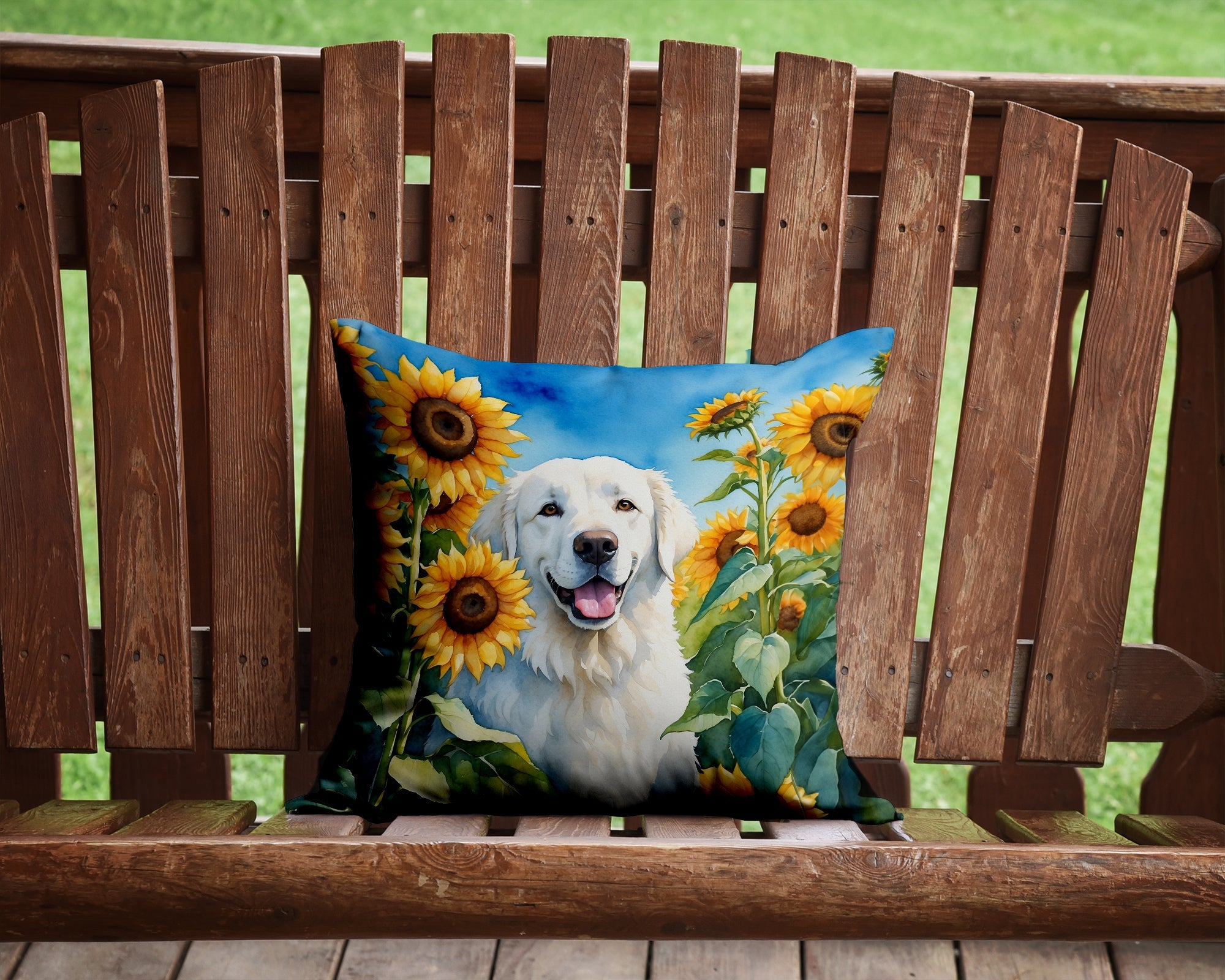 Kuvasz in Sunflowers Decorative Throw Pillow 14x14 Indoor Outdoor Accent Cushion, Fabric Cover with Insert for Sofa, Bed, Porch & Living Room