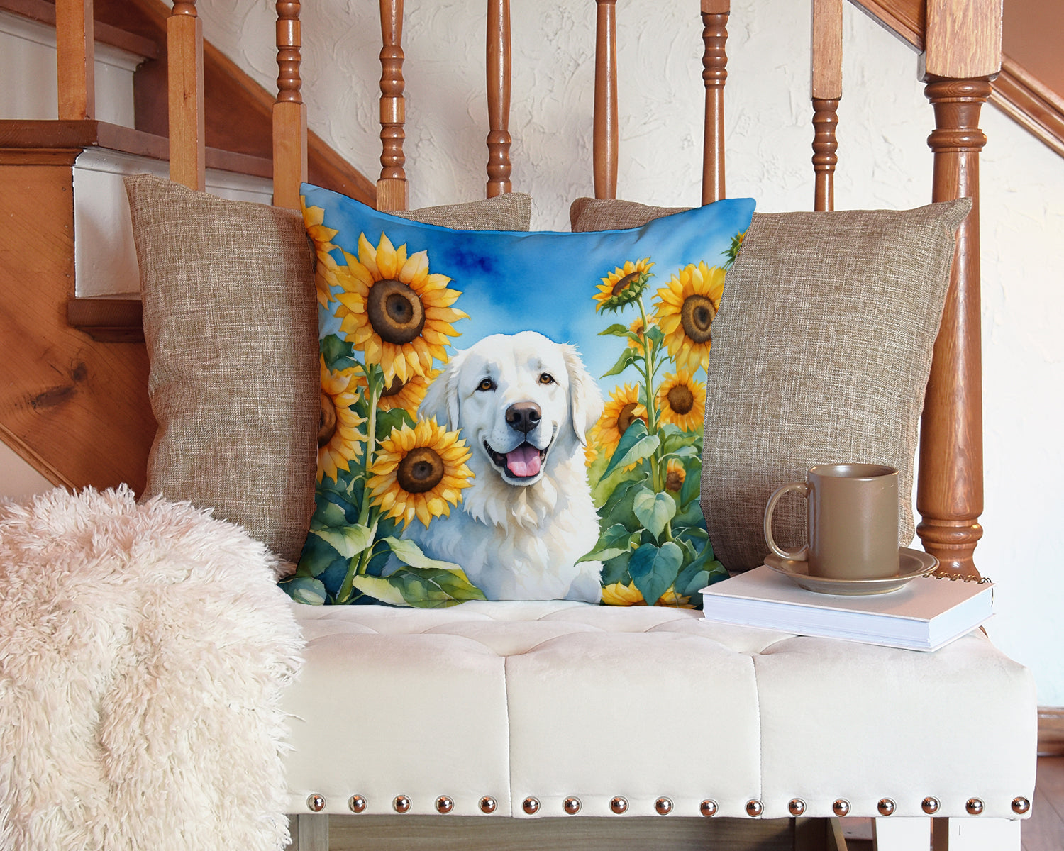 Kuvasz in Sunflowers Decorative Throw Pillow 14x14 Indoor Outdoor Accent Cushion, Fabric Cover with Insert for Sofa, Bed, Porch & Living Room