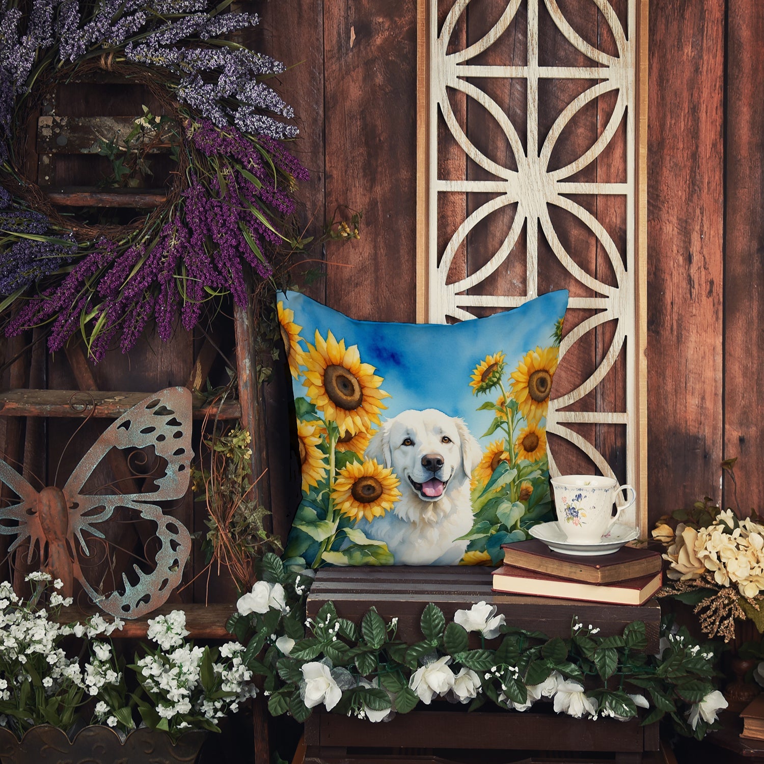Kuvasz in Sunflowers Decorative Throw Pillow 14x14 Indoor Outdoor Accent Cushion, Fabric Cover with Insert for Sofa, Bed, Porch & Living Room