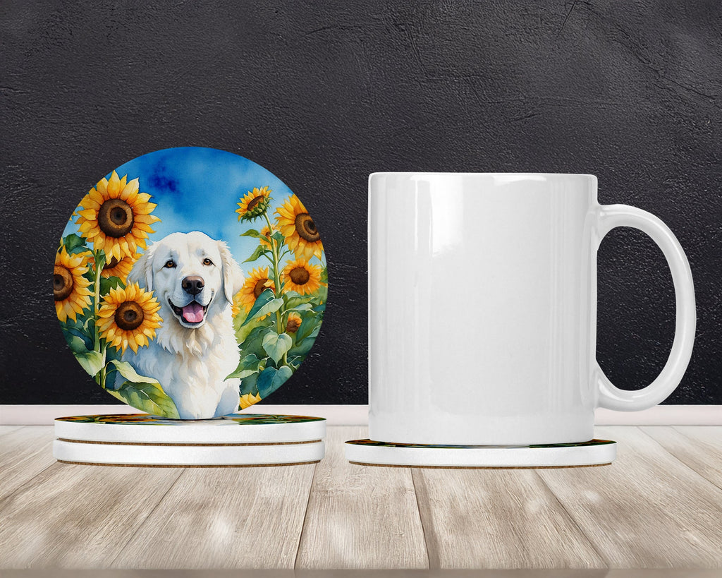 Kuvasz in Sunflowers Large Sandstone Coasters Pack of 4 Absorbent Round Coasters Decor Gifts for Men or Women, 4 in, Multicolor