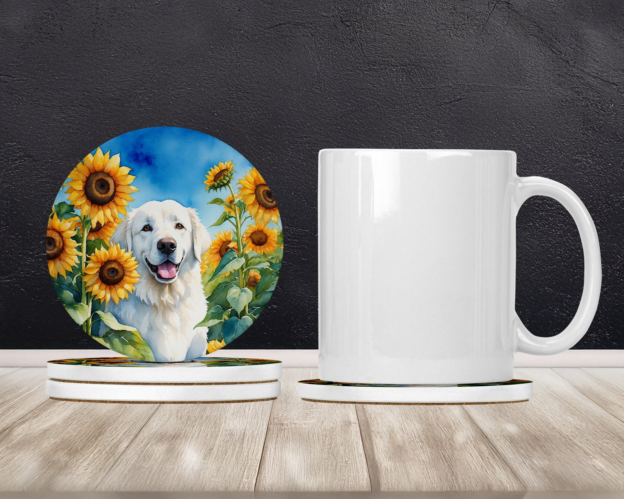 Kuvasz in Sunflowers Large Sandstone Coasters Pack of 4 Absorbent Round Coasters Decor Gifts for Men or Women, 4 in, Multicolor