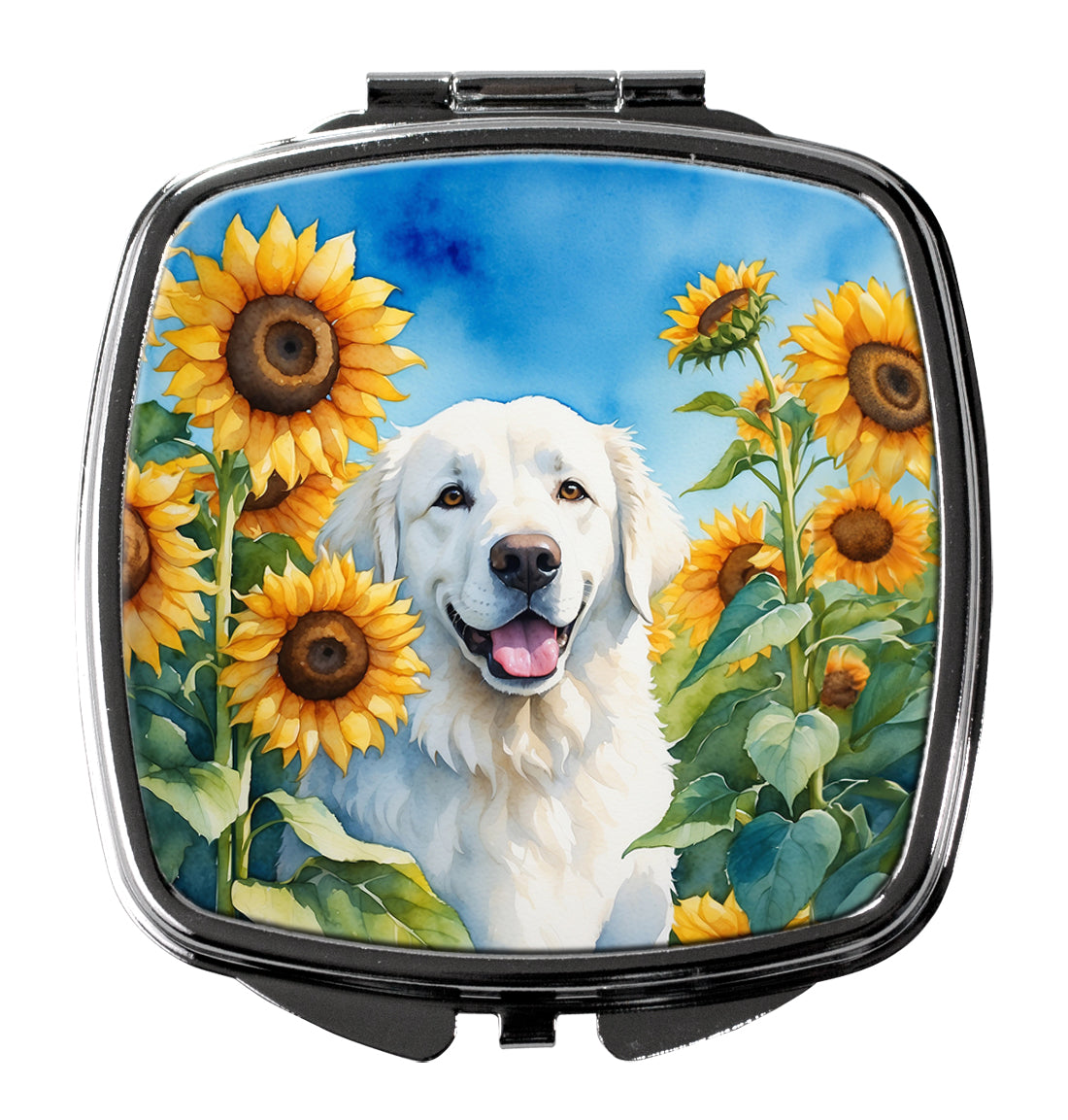 Kuvasz in Sunflowers Compact Mirror Decorative Travel Makeup Mirror for Women Girls Gifts Pocket Makeup Mirror Folding Handheld