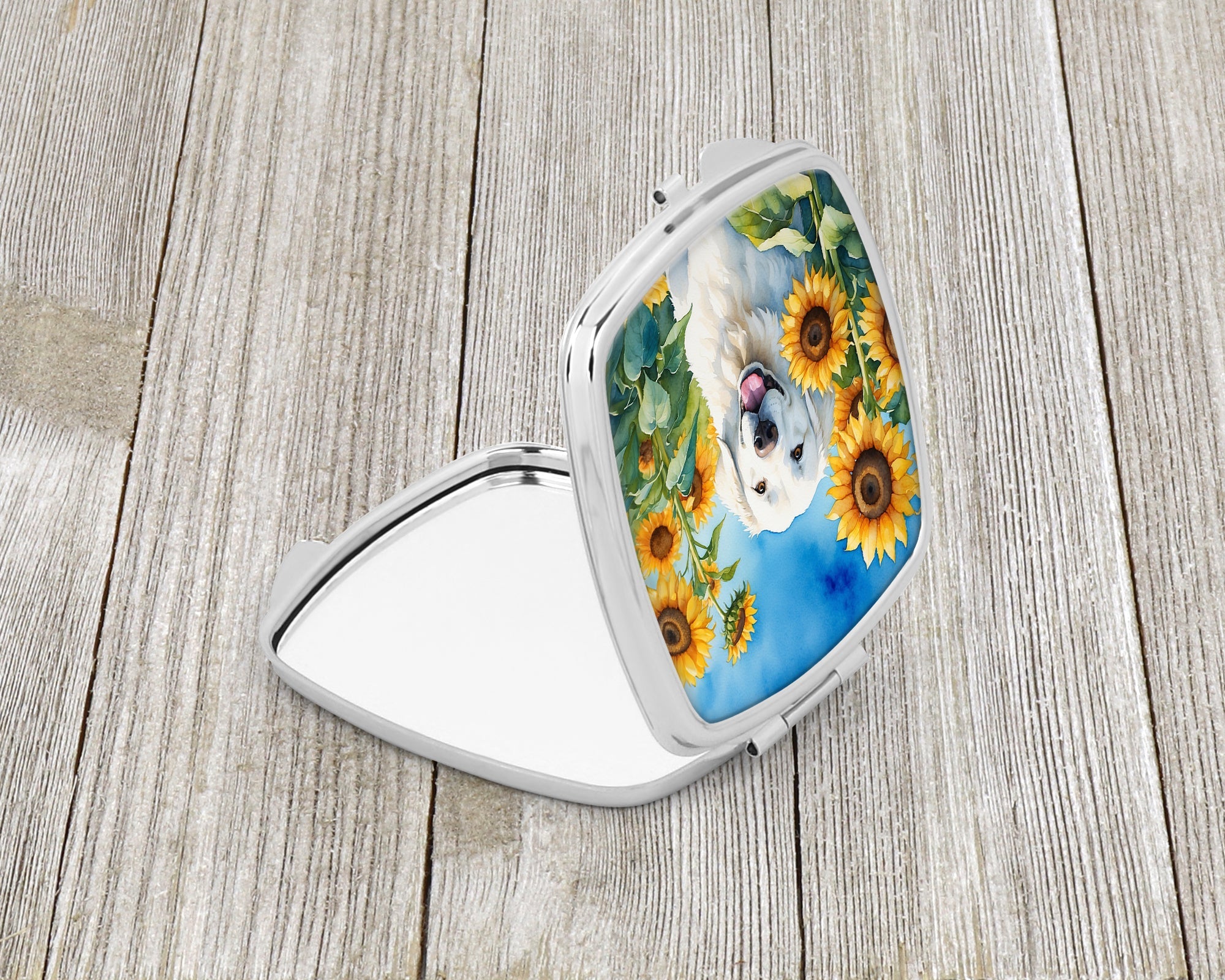 Kuvasz in Sunflowers Compact Mirror Decorative Travel Makeup Mirror for Women Girls Gifts Pocket Makeup Mirror Folding Handheld