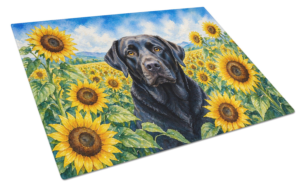 Labrador Retriever in Sunflowers Cutting Board Tempered Glass Kitchen Cutting Surface, Heat Resistant Chopping Board with Non-Slip Feet, Decorative Food Prep & Serving