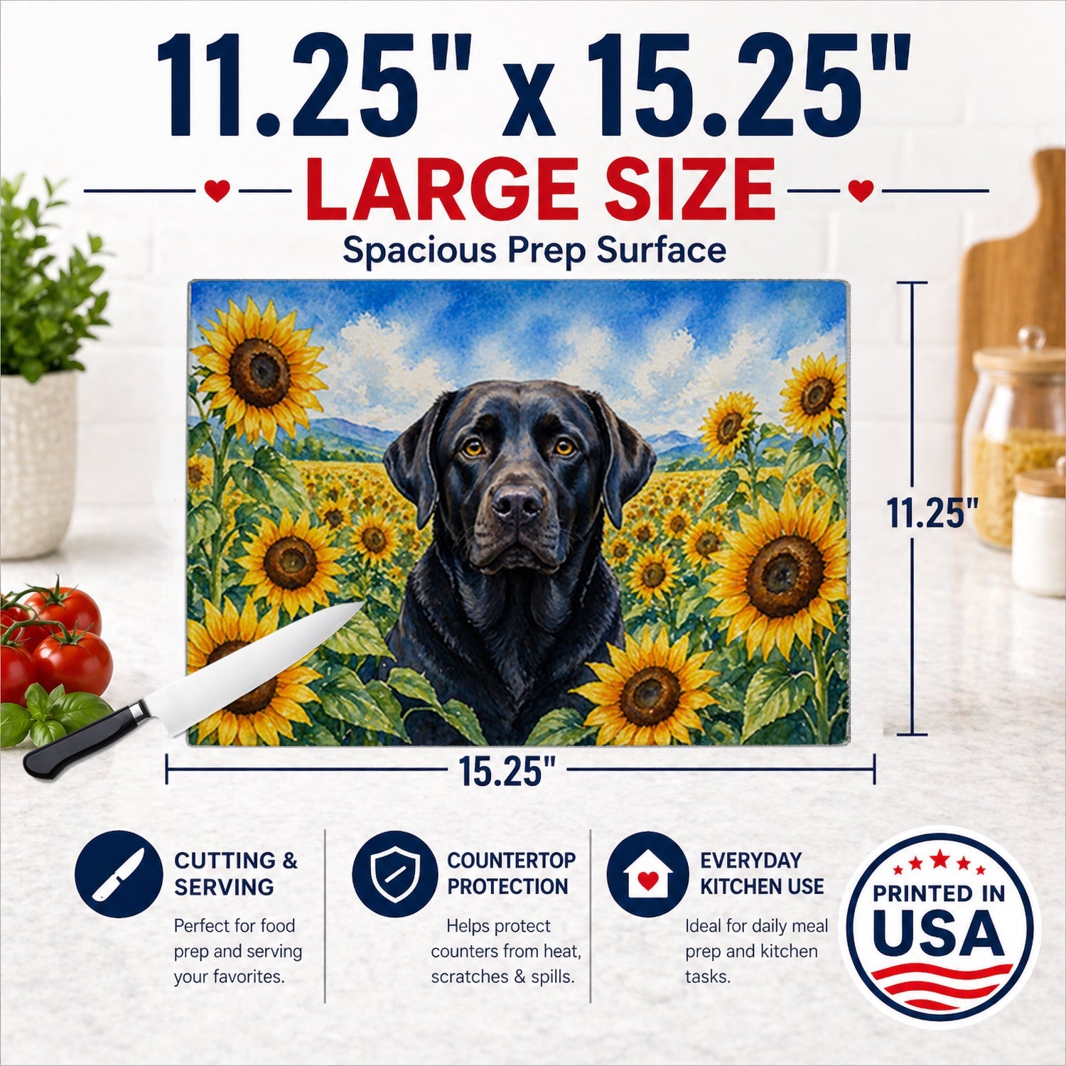 Labrador Retriever in Sunflowers Cutting Board Tempered Glass Kitchen Cutting Surface, Heat Resistant Chopping Board with Non-Slip Feet, Decorative Food Prep & Serving