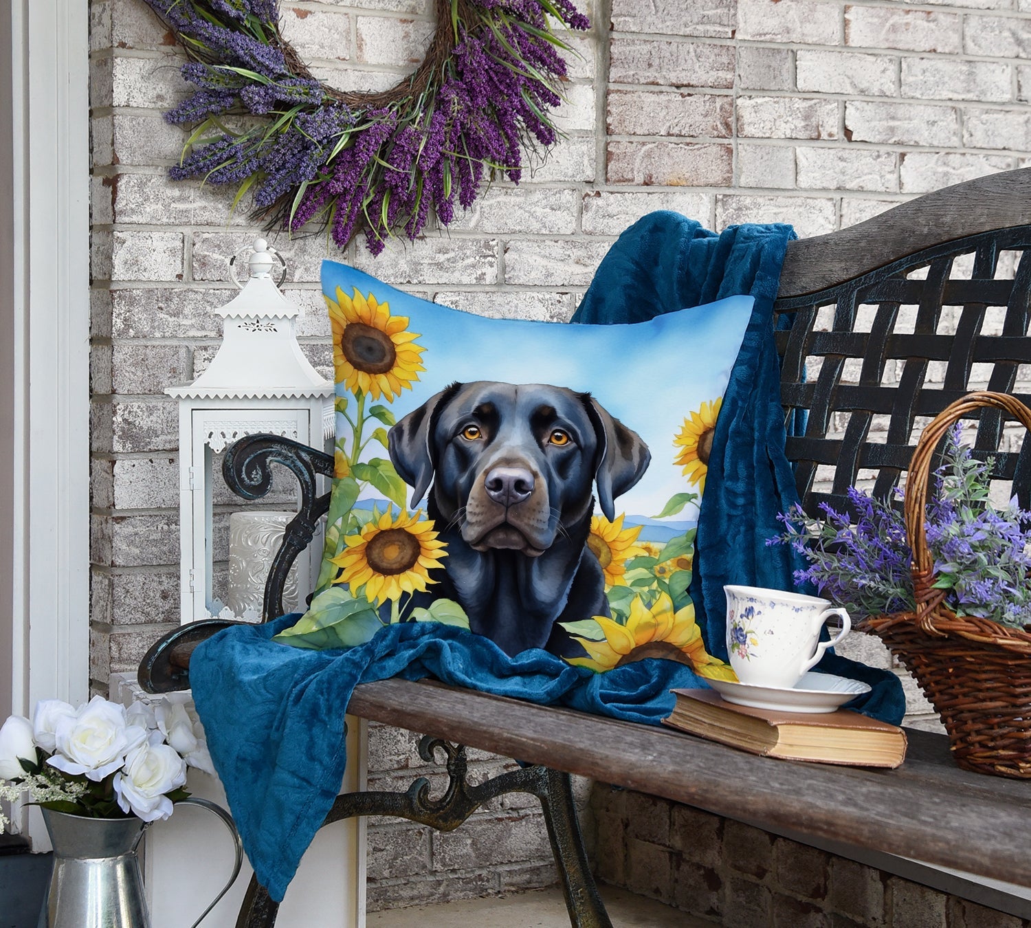 Labrador Retriever in Sunflowers Decorative Throw Pillow 18x18 Indoor Outdoor Accent Cushion, Fabric Cover with Insert for Sofa, Bed, Porch & Living Room