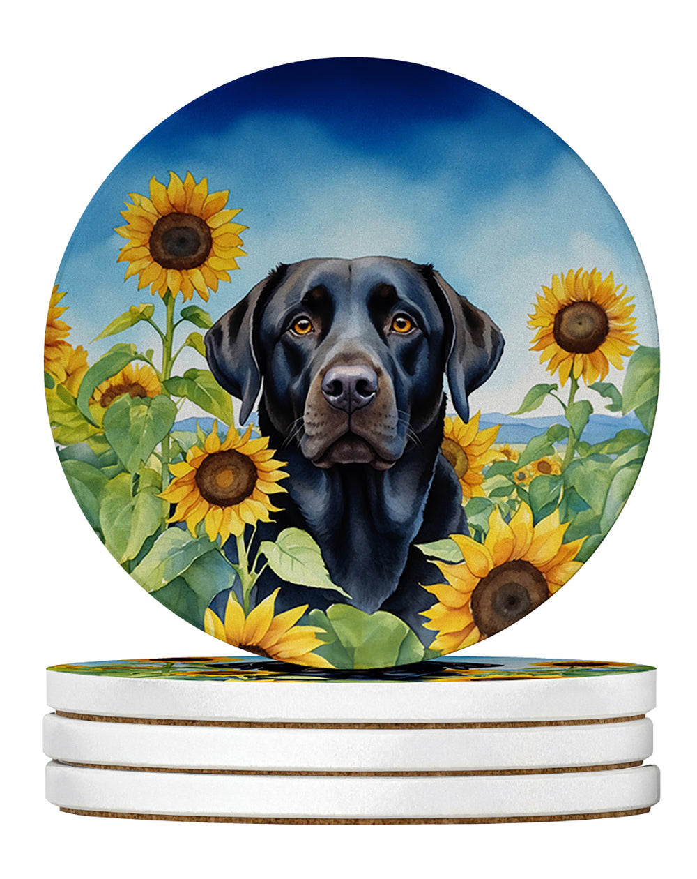 Labrador Retriever in Sunflowers Large Sandstone Coasters Pack of 4 Absorbent Round Coasters Decor Gifts for Men or Women, 4 in, Multicolor
