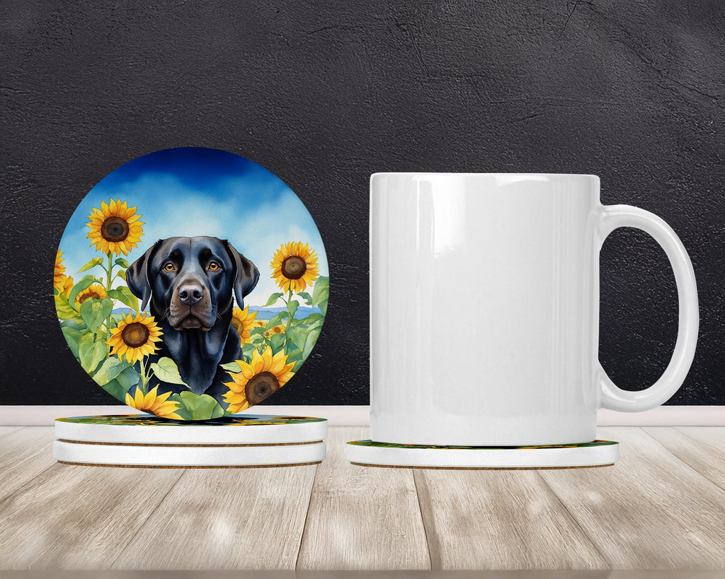 Labrador Retriever in Sunflowers Large Sandstone Coasters Pack of 4 Absorbent Round Coasters Decor Gifts for Men or Women, 4 in, Multicolor
