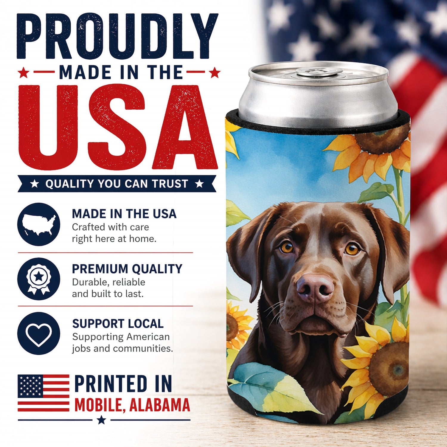 Labrador Retriever in Sunflowers Can or Bottle Hugger Cooler Sleeve for Standard 12 oz Cans, Insulated Foam Beer & Soda Can Hugger Reusable