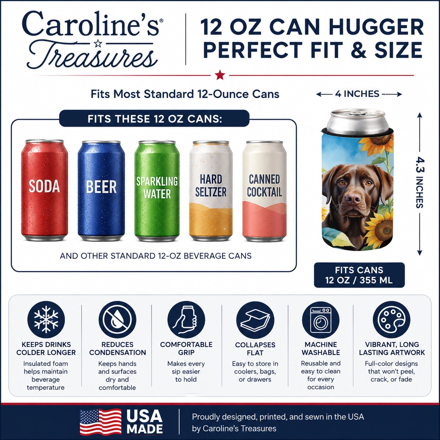 Labrador Retriever in Sunflowers Can or Bottle Hugger Cooler Sleeve for Standard 12 oz Cans, Insulated Foam Beer & Soda Can Hugger Reusable