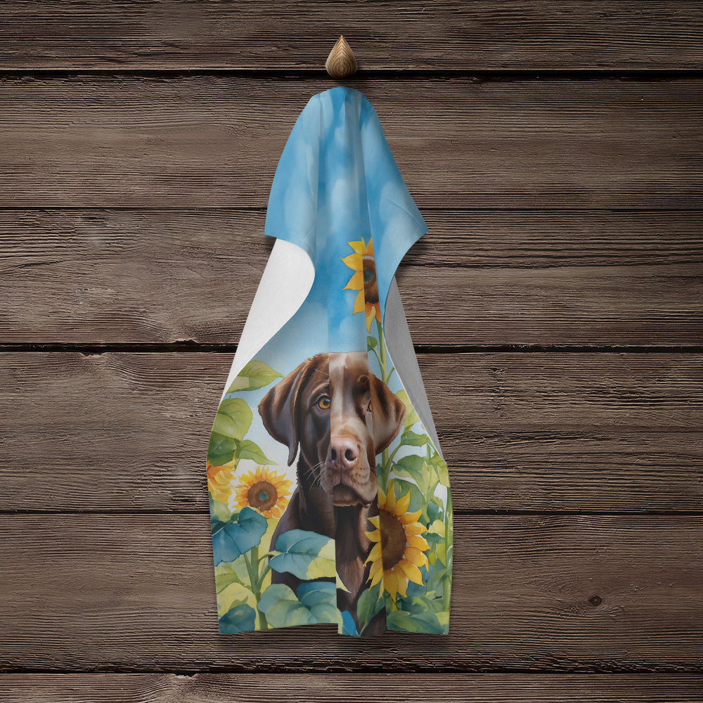 Labrador Retriever in Sunflowers Kitchen Towel Velour Plush Front and Cotton Loop Back Machine Washable