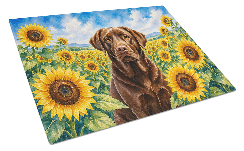 Labrador Retriever in Sunflowers Cutting Board Tempered Glass Kitchen Cutting Surface, Heat Resistant Chopping Board with Non-Slip Feet, Decorative Food Prep & Serving
