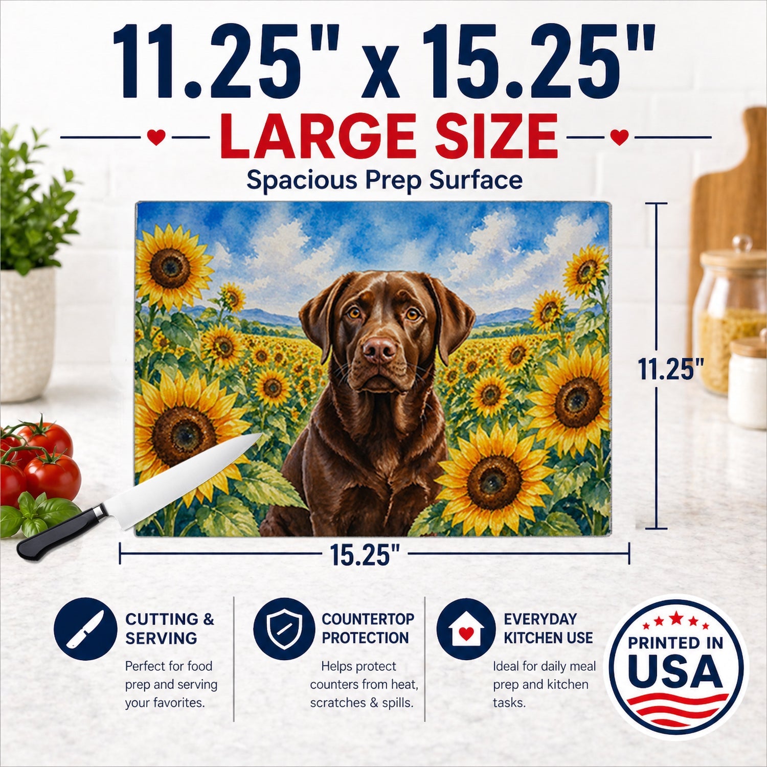 Labrador Retriever in Sunflowers Cutting Board Tempered Glass Kitchen Cutting Surface, Heat Resistant Chopping Board with Non-Slip Feet, Decorative Food Prep & Serving
