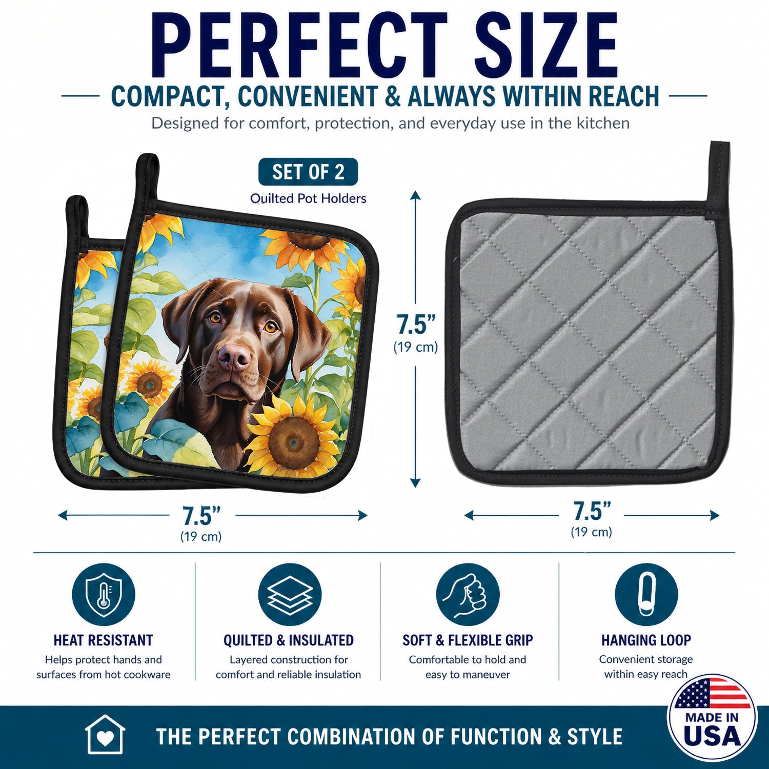 Labrador Retriever in Sunflowers Pot Holder Set of 2 Heat Resistant Quilted Hot Pads 7.5 x 7.5 Inch, Insulated Kitchen Trivets for Cooking & Baking