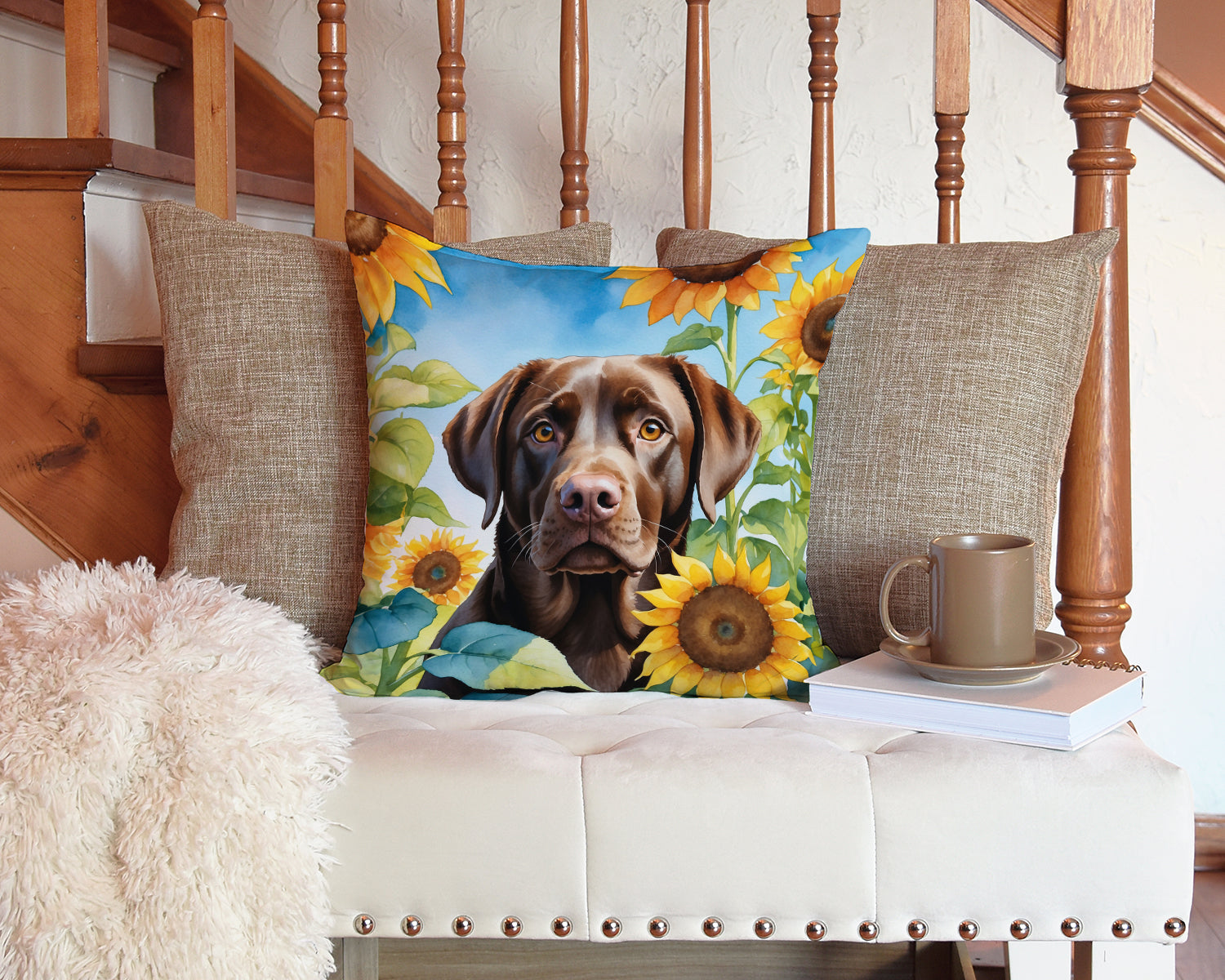 Labrador Retriever in Sunflowers Decorative Throw Pillow 14x14 Indoor Outdoor Accent Cushion, Fabric Cover with Insert for Sofa, Bed, Porch & Living Room