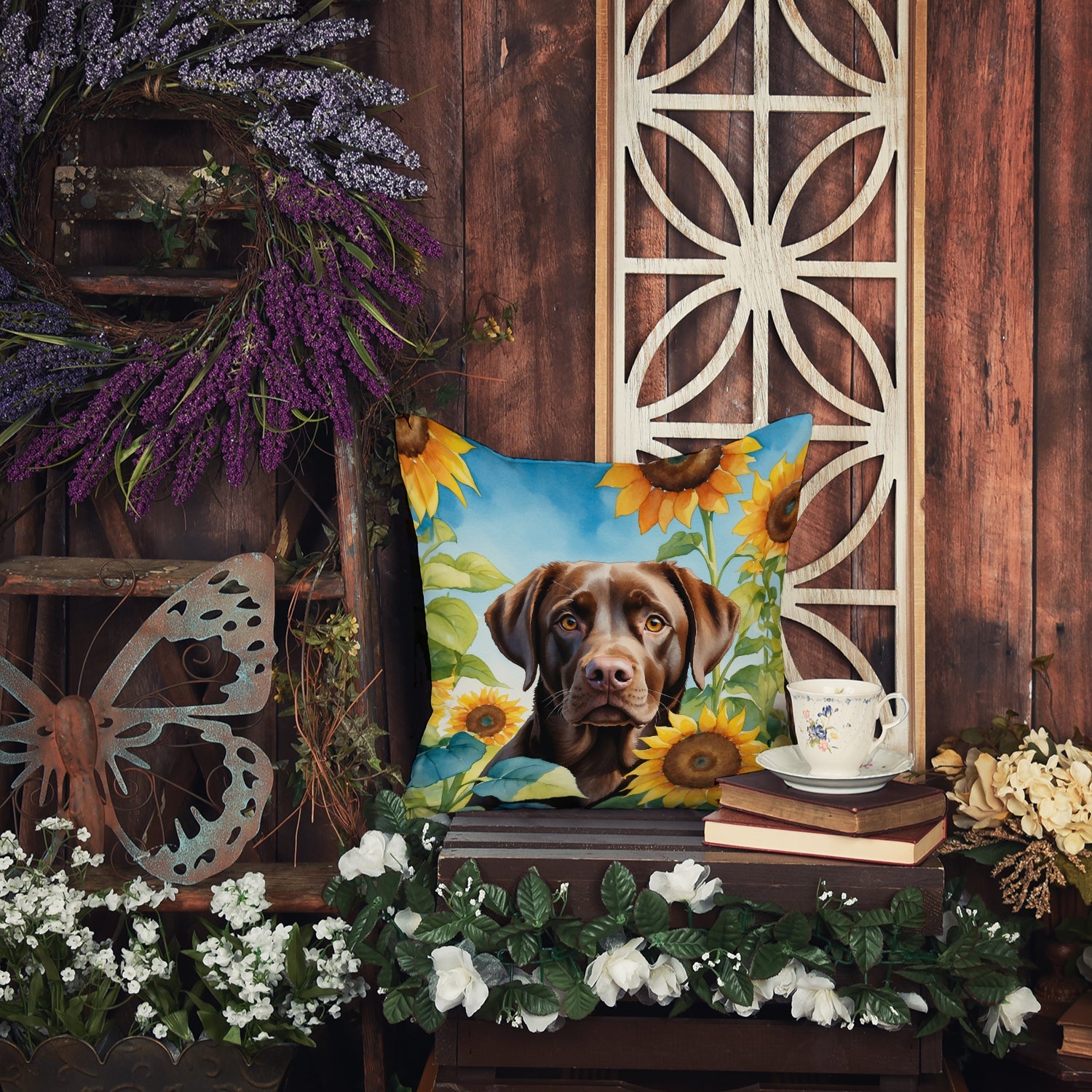 Labrador Retriever in Sunflowers Decorative Throw Pillow 14x14 Indoor Outdoor Accent Cushion, Fabric Cover with Insert for Sofa, Bed, Porch & Living Room