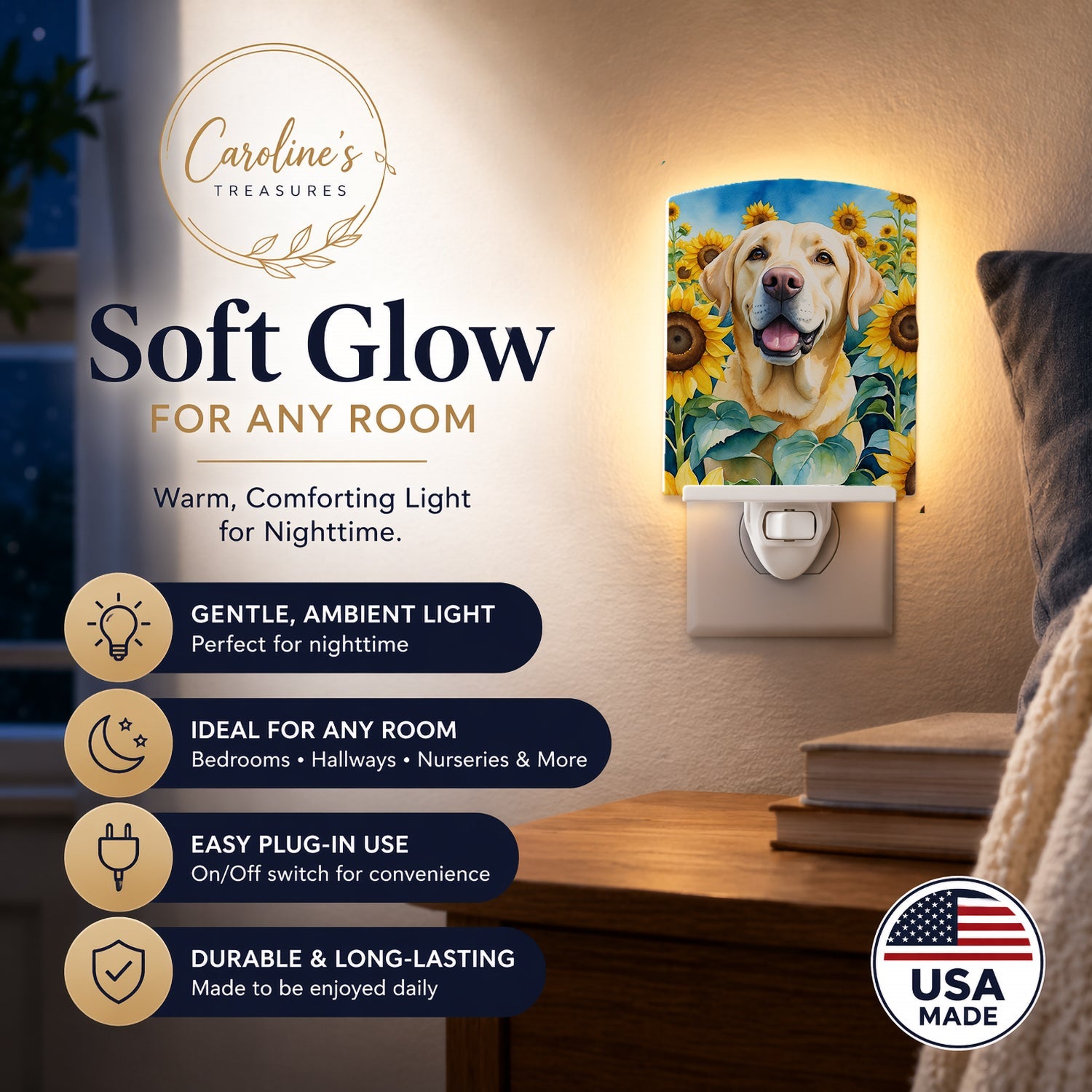 Labrador Retriever in Sunflowers Ceramic Night Light Compact, UL-Certified, Ideal for Bedroom, Bathroom, Nursery, Hallway, Kitchen, 6x4x3, Multicolor