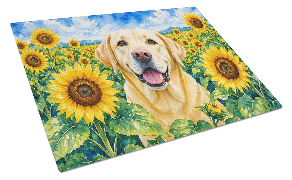 Labrador Retriever in Sunflowers Cutting Board Tempered Glass Kitchen Cutting Surface, Heat Resistant Chopping Board with Non-Slip Feet, Decorative Food Prep & Serving