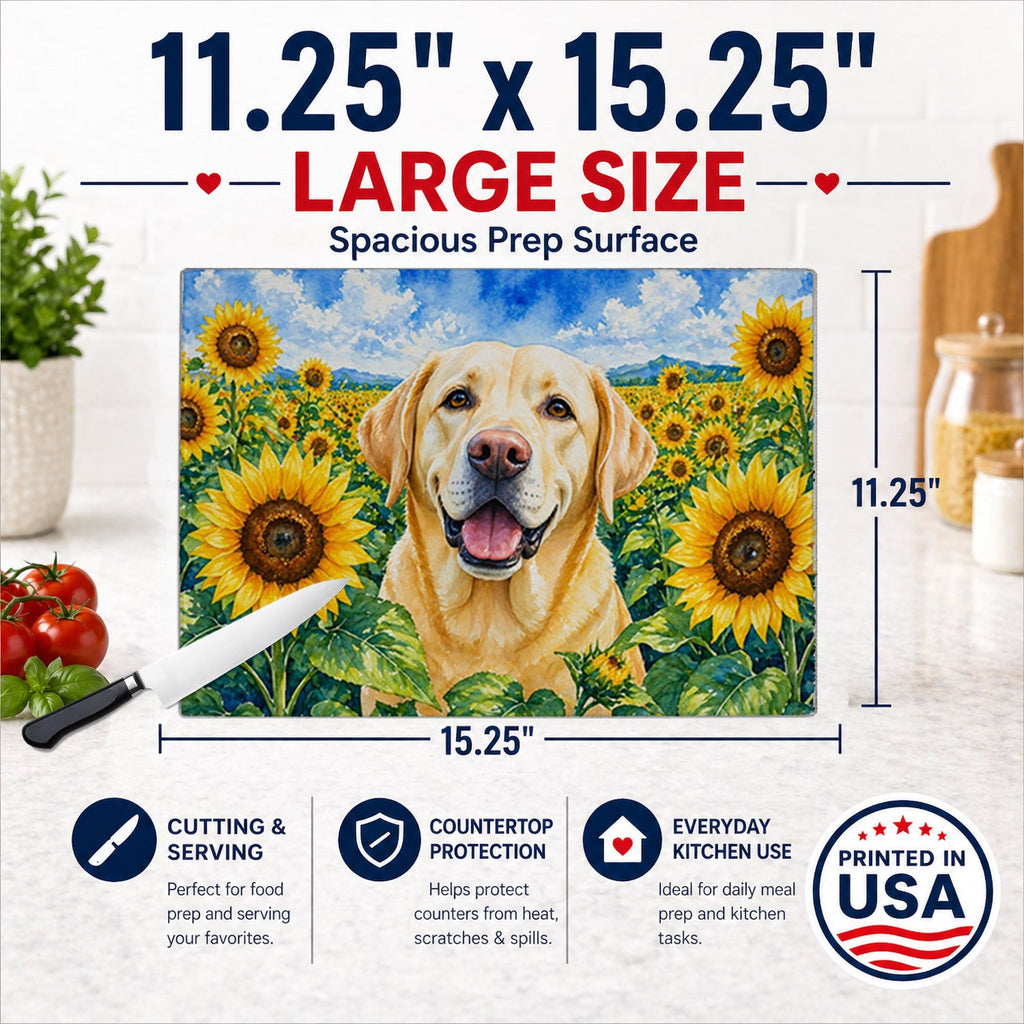 Labrador Retriever in Sunflowers Cutting Board Tempered Glass Kitchen Cutting Surface, Heat Resistant Chopping Board with Non-Slip Feet, Decorative Food Prep & Serving
