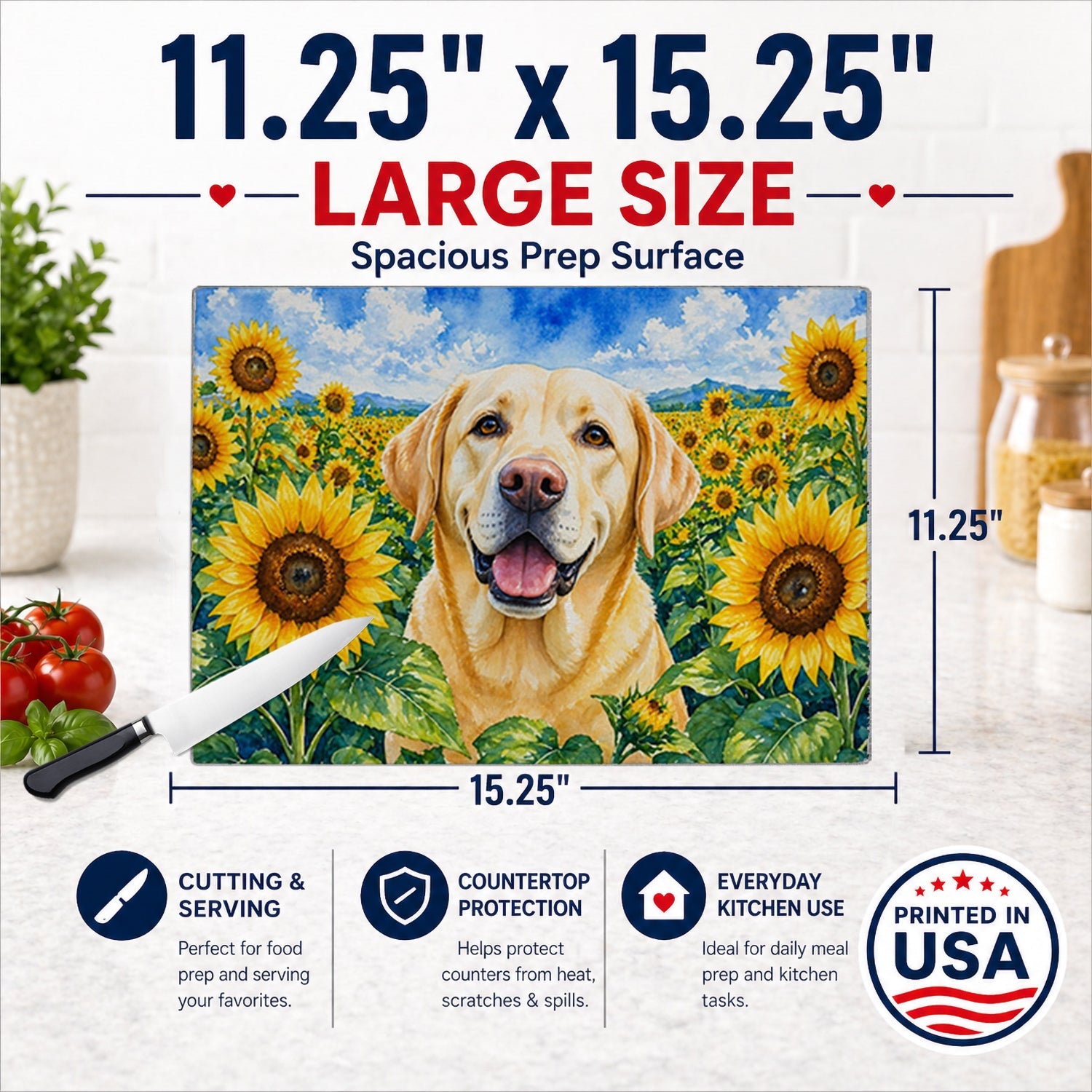 Labrador Retriever in Sunflowers Cutting Board Tempered Glass Kitchen Cutting Surface, Heat Resistant Chopping Board with Non-Slip Feet, Decorative Food Prep & Serving