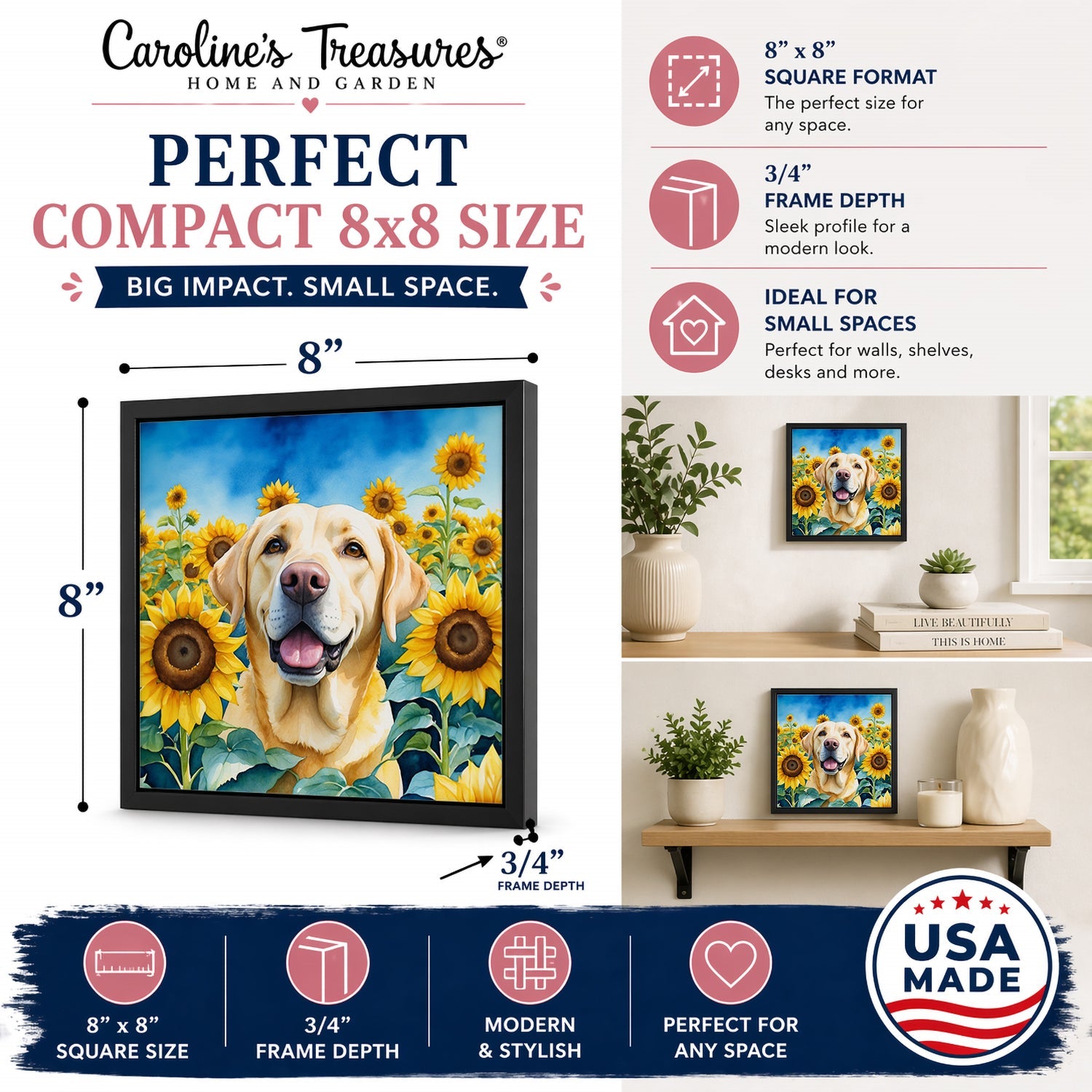 Labrador Retriever in Sunflowers Framed Metal Print Bathroom, Kitchen, Office, Home Decor Wall Art Ready to Hang, Square, 8X8