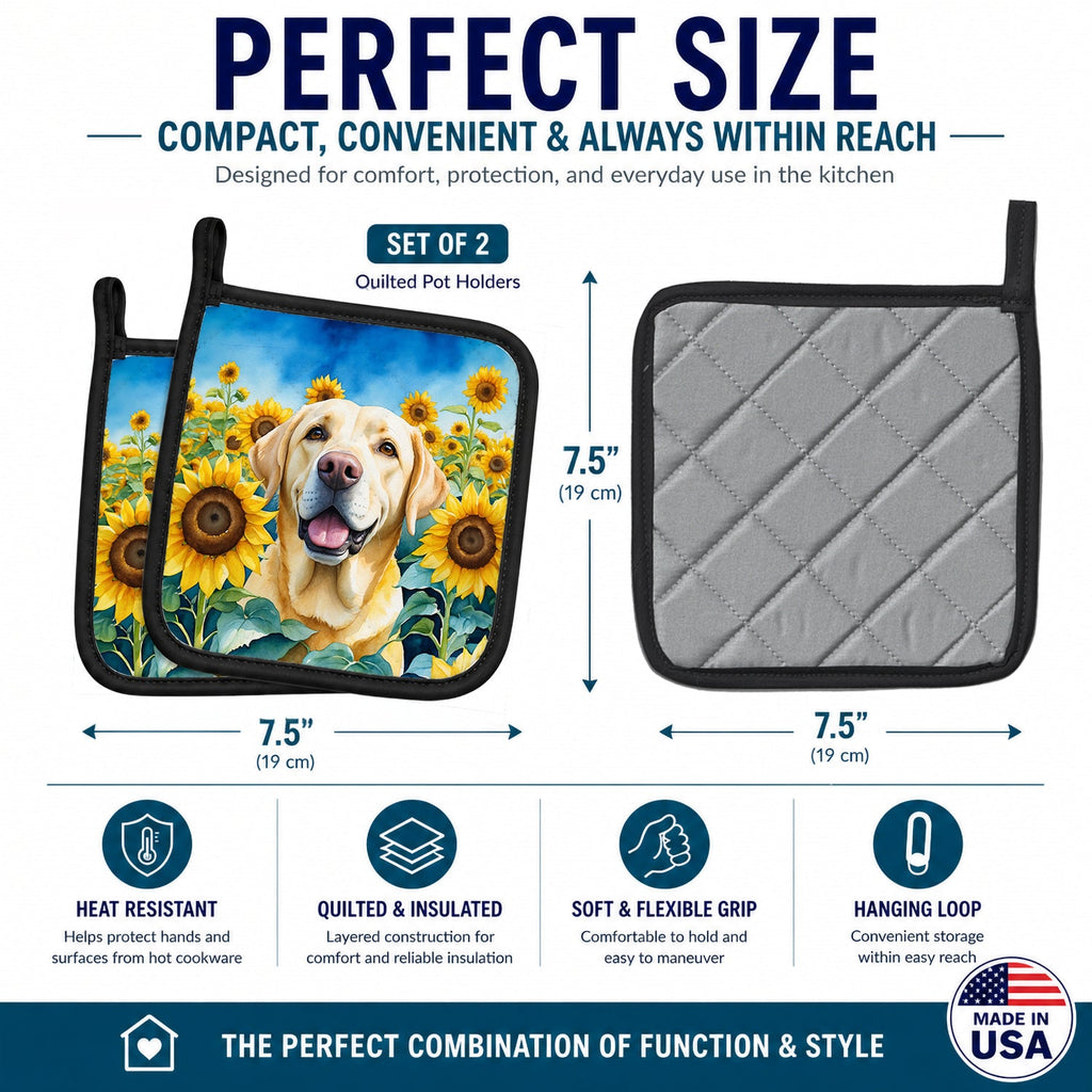 Labrador Retriever in Sunflowers Pot Holder Set of 2 Heat Resistant Quilted Hot Pads 7.5 x 7.5 Inch, Insulated Kitchen Trivets for Cooking & Baking