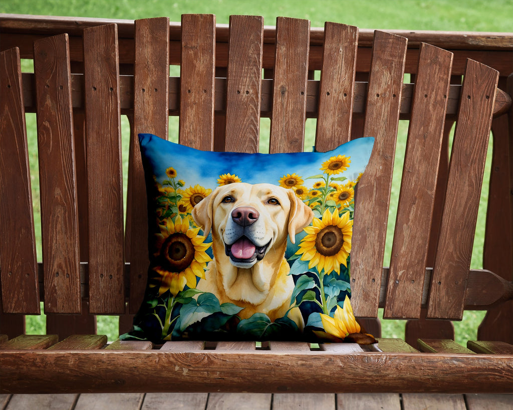 Labrador Retriever in Sunflowers Decorative Throw Pillow 14x14 Indoor Outdoor Accent Cushion, Fabric Cover with Insert for Sofa, Bed, Porch & Living Room