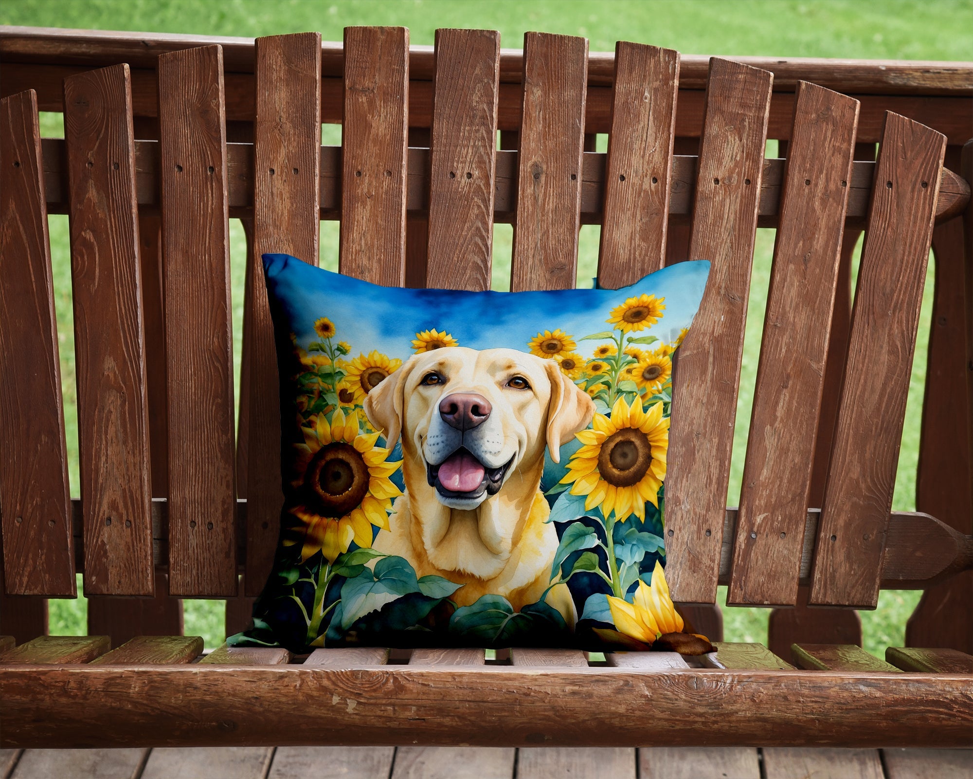 Labrador Retriever in Sunflowers Decorative Throw Pillow 14x14 Indoor Outdoor Accent Cushion, Fabric Cover with Insert for Sofa, Bed, Porch & Living Room