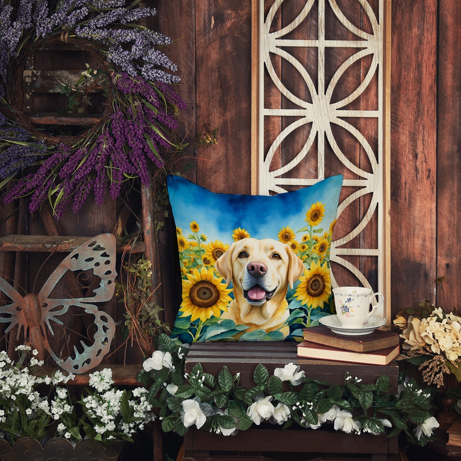 Labrador Retriever in Sunflowers Decorative Throw Pillow 14x14 Indoor Outdoor Accent Cushion, Fabric Cover with Insert for Sofa, Bed, Porch & Living Room