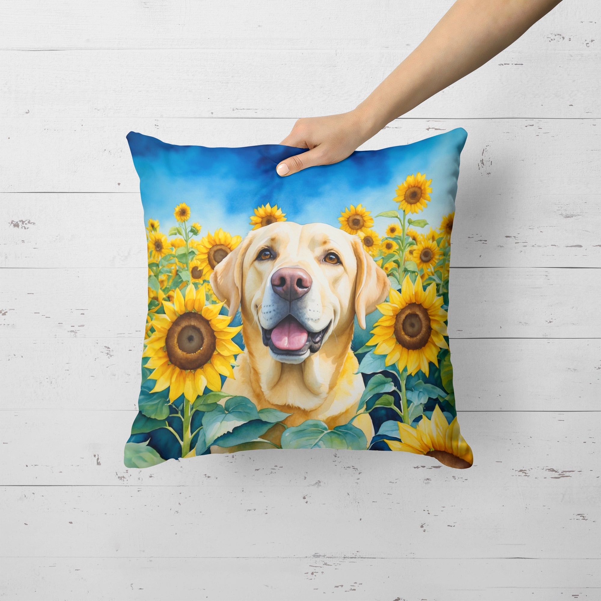 Labrador Retriever in Sunflowers Decorative Throw Pillow 18x18 Indoor Outdoor Accent Cushion, Fabric Cover with Insert for Sofa, Bed, Porch & Living Room