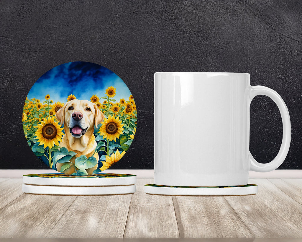 Labrador Retriever in Sunflowers Large Sandstone Coasters Pack of 4 Absorbent Round Coasters Decor Gifts for Men or Women, 4 in, Multicolor