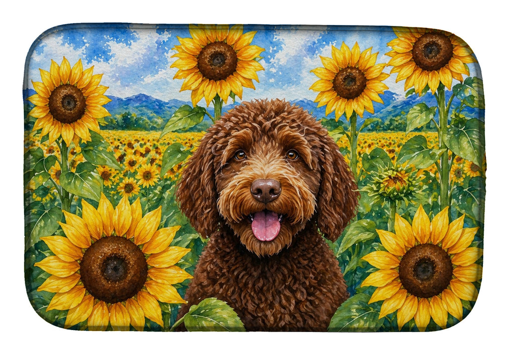 Labradoodle in Sunflowers Dish Drying Mat Absorbent Dish Drying Mat Pad for Kitchen Counter Dish Drainer Mat for Countertop, 14 x 21", Multicolor