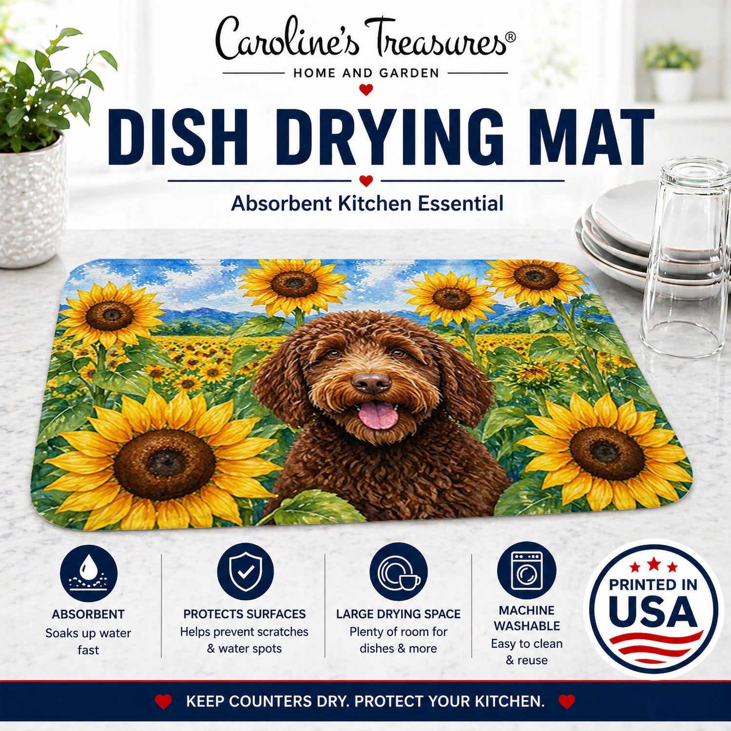 Labradoodle in Sunflowers Dish Drying Mat Absorbent Dish Drying Mat Pad for Kitchen Counter Dish Drainer Mat for Countertop, 14 x 21", Multicolor