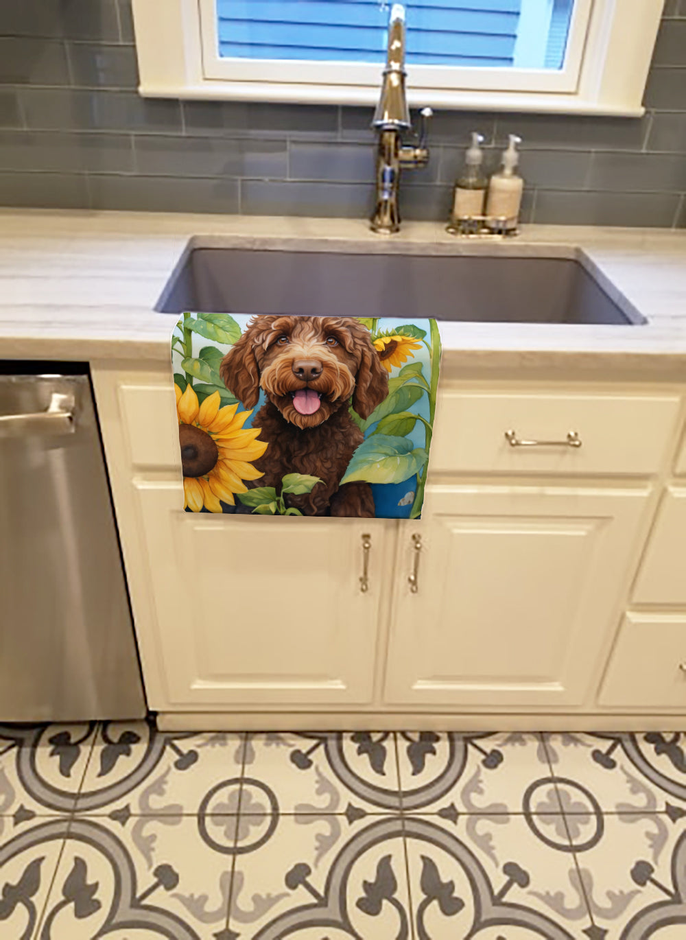 Labradoodle in Sunflowers Kitchen Towel Velour Plush Front and Cotton Loop Back Machine Washable