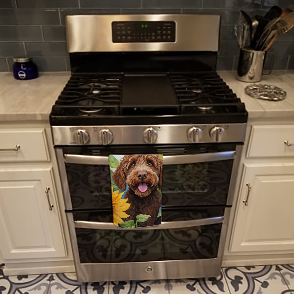 Labradoodle in Sunflowers Kitchen Towel Velour Plush Front and Cotton Loop Back Machine Washable