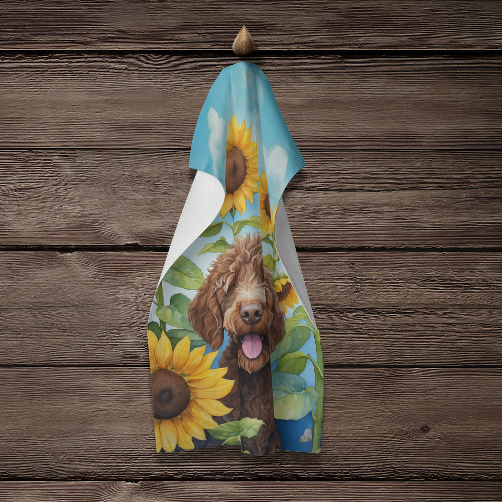 Labradoodle in Sunflowers Kitchen Towel Velour Plush Front and Cotton Loop Back Machine Washable