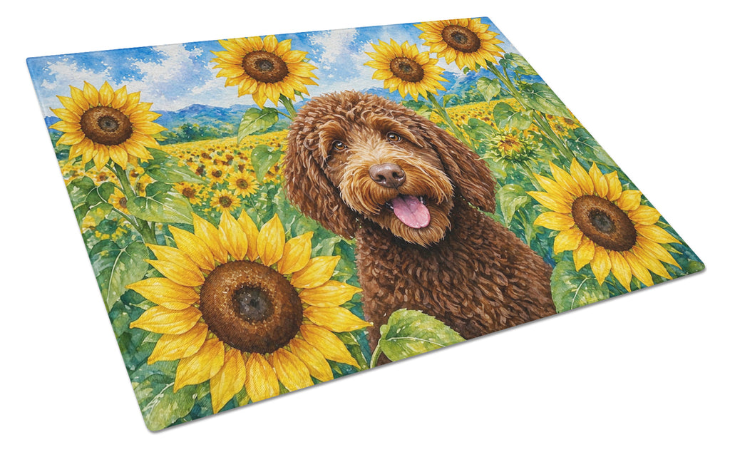 Labradoodle in Sunflowers Cutting Board Tempered Glass Kitchen Cutting Surface, Heat Resistant Chopping Board with Non-Slip Feet, Decorative Food Prep & Serving