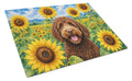 Labradoodle in Sunflowers Cutting Board Tempered Glass Kitchen Cutting Surface, Heat Resistant Chopping Board with Non-Slip Feet, Decorative Food Prep & Serving