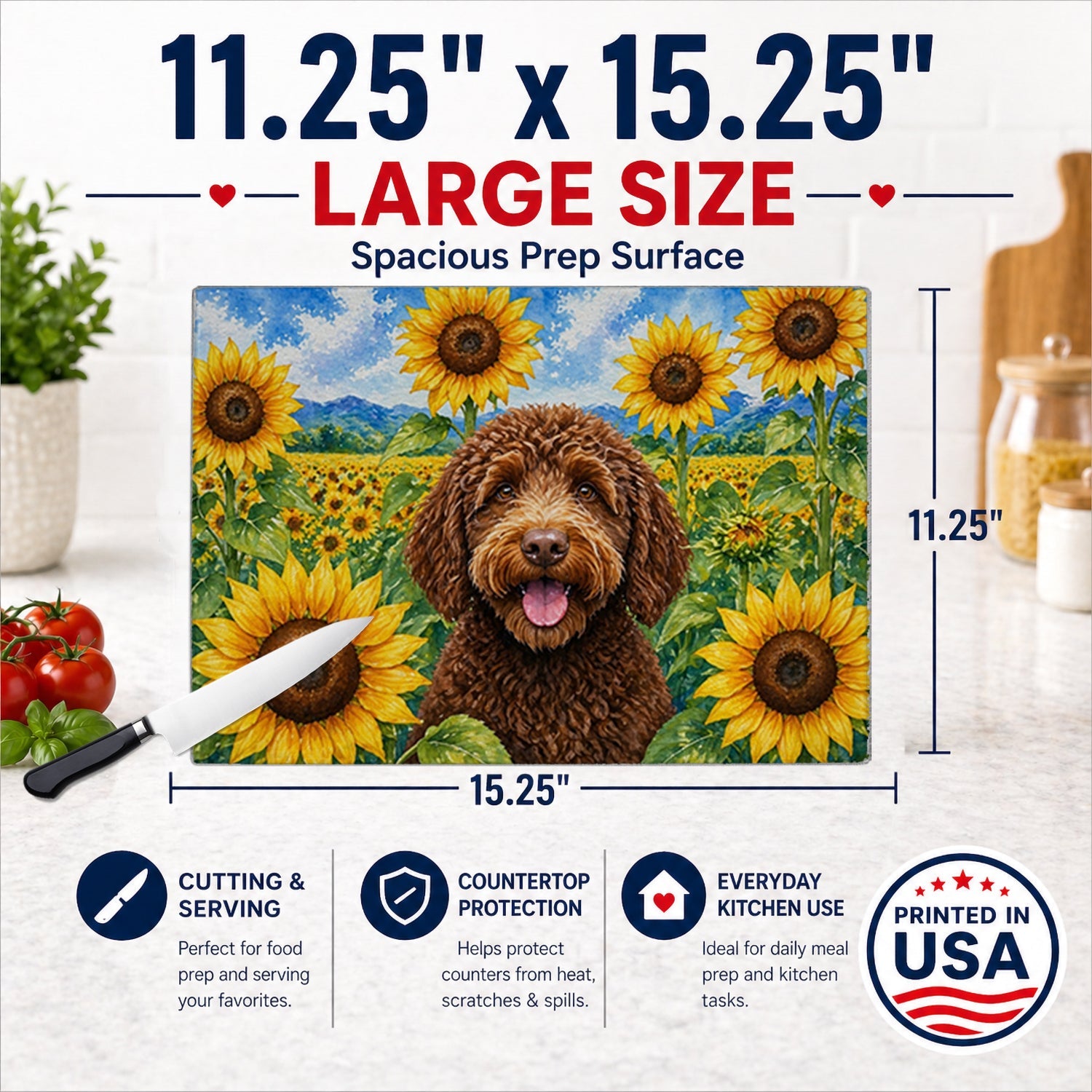 Labradoodle in Sunflowers Cutting Board Tempered Glass Kitchen Cutting Surface, Heat Resistant Chopping Board with Non-Slip Feet, Decorative Food Prep & Serving