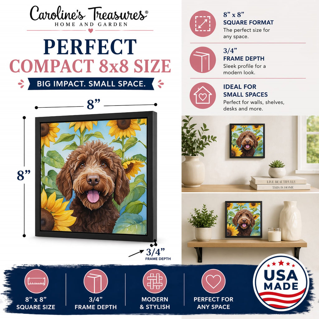 Labradoodle in Sunflowers Framed Metal Print Bathroom, Kitchen, Office, Home Decor Wall Art Ready to Hang, Square, 8X8