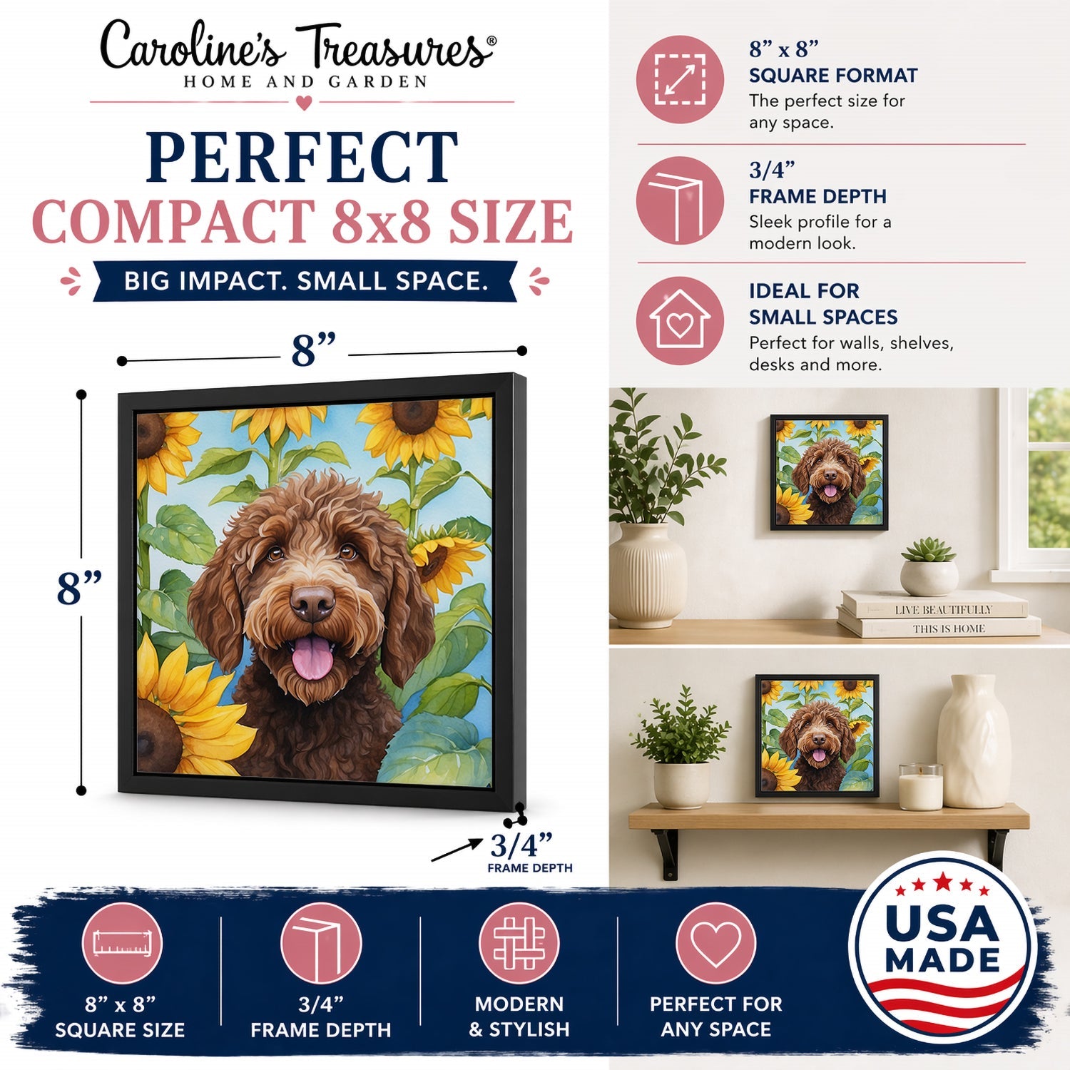 Labradoodle in Sunflowers Framed Metal Print Bathroom, Kitchen, Office, Home Decor Wall Art Ready to Hang, Square, 8X8