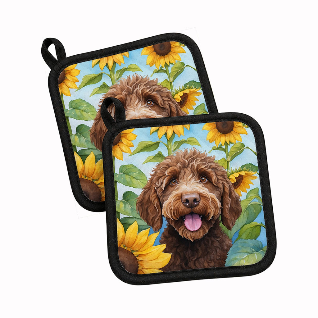 Labradoodle in Sunflowers Pot Holder Set of 2 Heat Resistant Quilted Hot Pads 7.5 x 7.5 Inch, Insulated Kitchen Trivets for Cooking & Baking