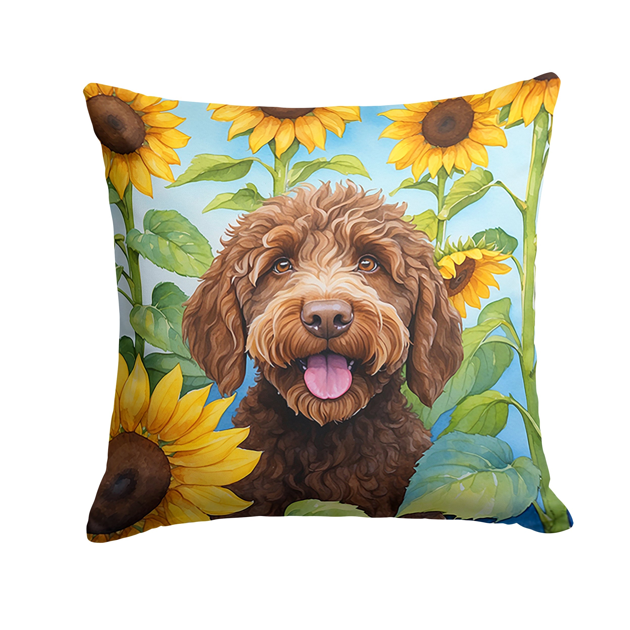 Labradoodle in Sunflowers Decorative Throw Pillow 14x14 Indoor Outdoor Accent Cushion, Fabric Cover with Insert for Sofa, Bed, Porch & Living Room