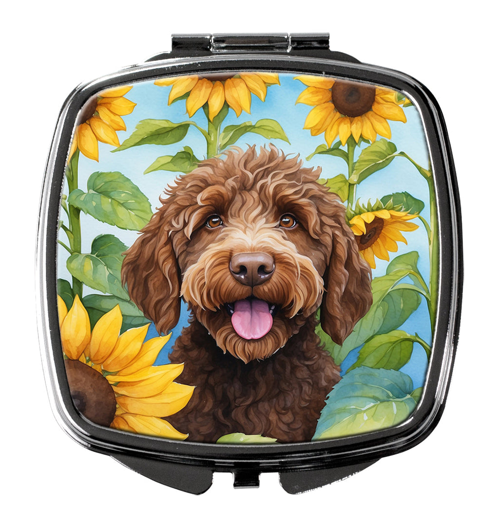 Labradoodle in Sunflowers Compact Mirror Decorative Travel Makeup Mirror for Women Girls Gifts Pocket Makeup Mirror Folding Handheld