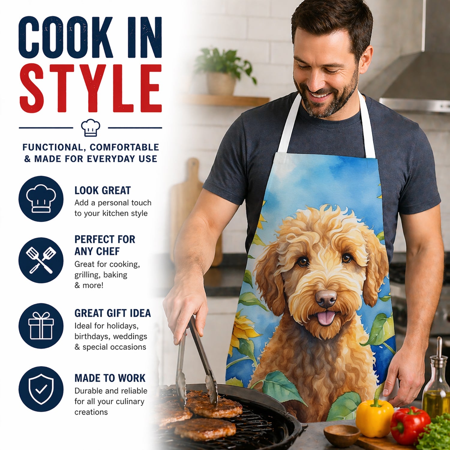 Labradoodle in Sunflowers Apron Cooking Kitchen Server Baking Crafts Gardening for Adult Women Men, Unisex, Large, Multicolor