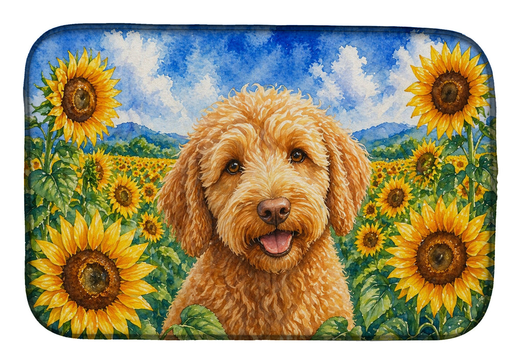 Labradoodle in Sunflowers Dish Drying Mat Absorbent Dish Drying Mat Pad for Kitchen Counter Dish Drainer Mat for Countertop, 14 x 21", Multicolor